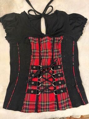 Tripp NYC Black Top with Red Plaid Corset Front